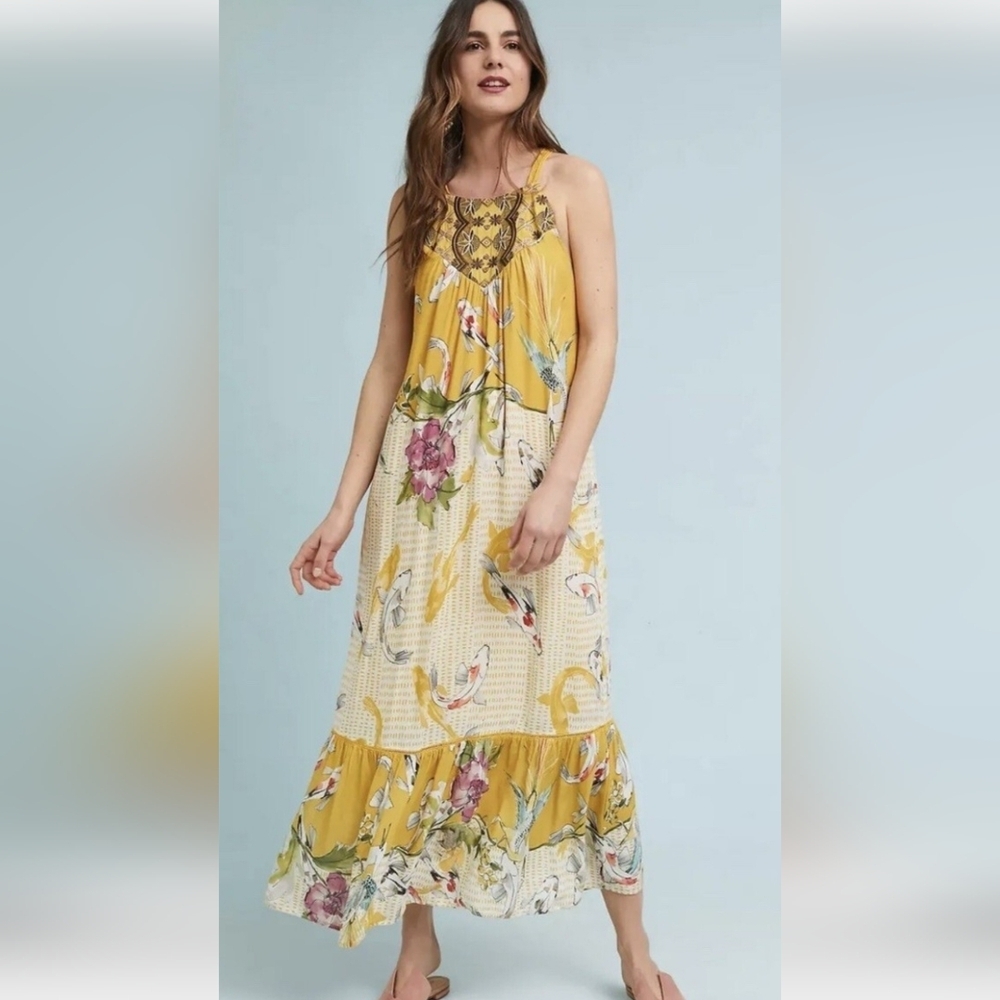 Anthropologie Yellow Floral Maxi Dress